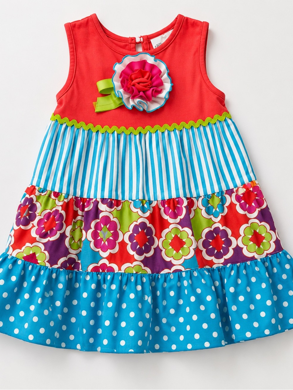 Rare Editions Dress 3T Girls Red Blue Striped Floral Polka Dot Tiered Ruffle